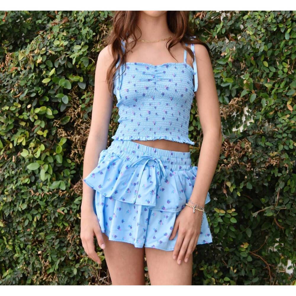 NEW THEME georgia satin smock top in pastel blue ditsy